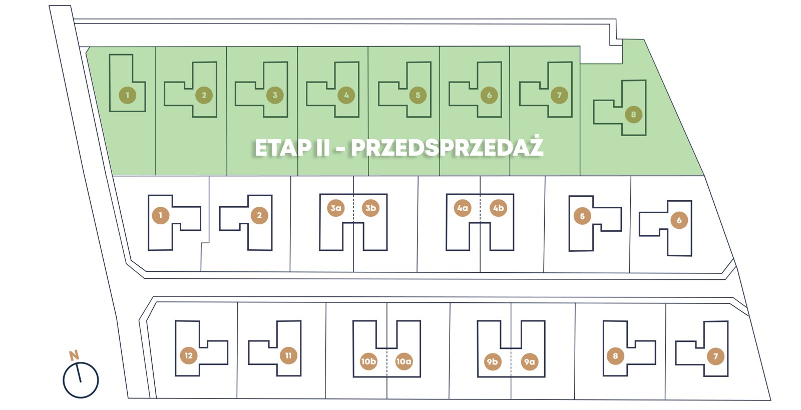 Plan osiedla Scandi w Dobrzykowicach – zaznaczony Etap II w przedsprzedaży, domy nr 1–8